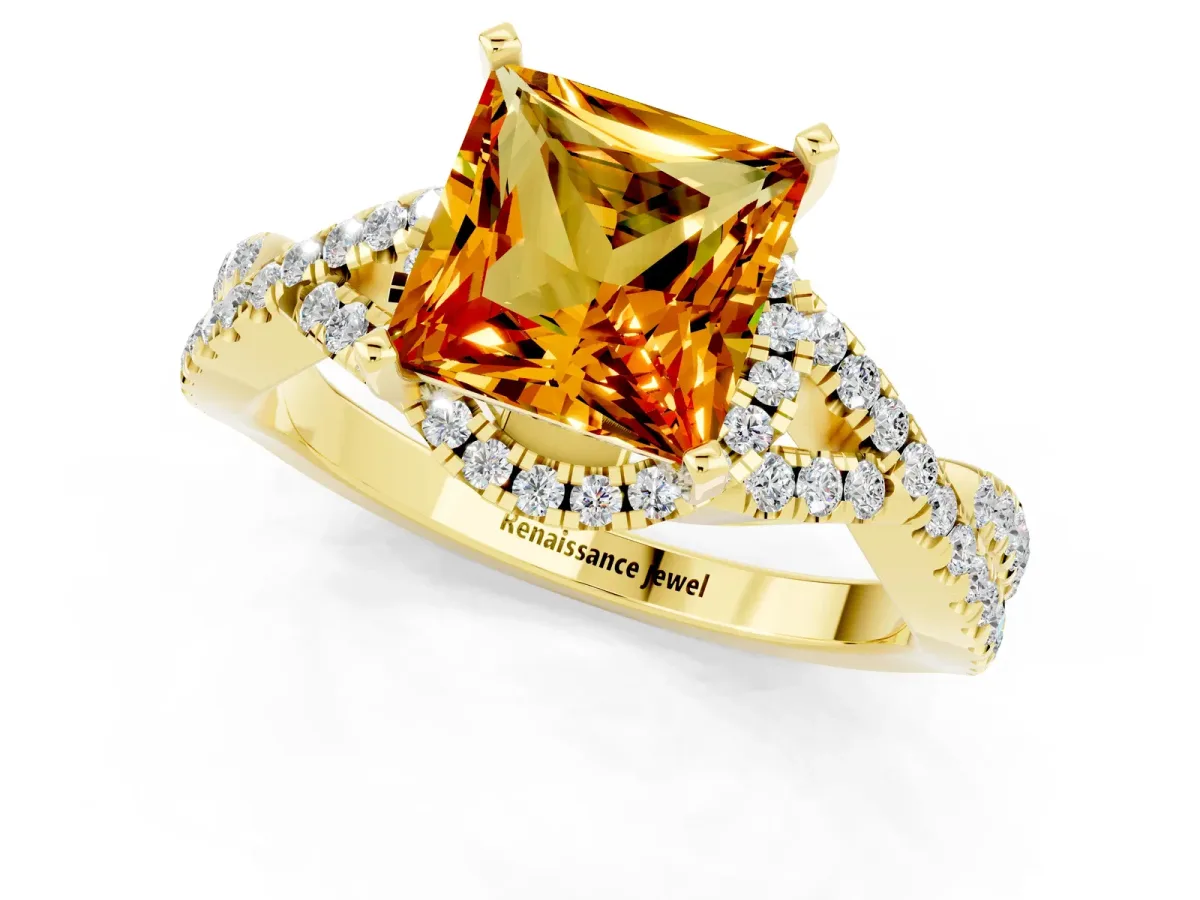 Princess Cut Citrine Halo Twist Band Solitaire Prong Setting Ring Yellow gold