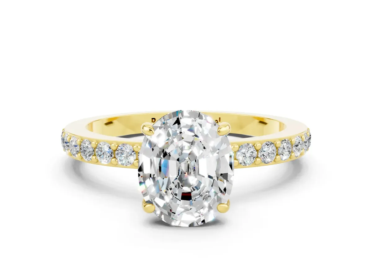Oval Cut Moissanite Solitaire Engagement Ring with Pavé Band and Four-Prong Setting Yellow gold