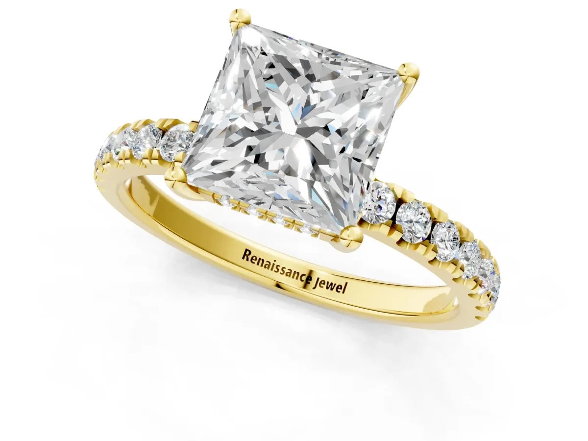 Princess Cut Diamond Pave Band Solitaire Ring with Round Moissanite and Prong Setting Yellow gold