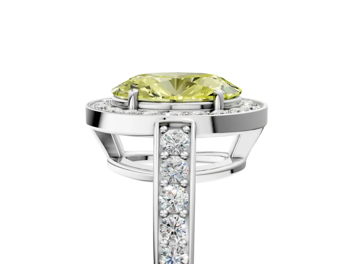 Fancy Yellow Oval Cut Halo Pavé Diamond Engagement Ring with Bezel Setting Silver