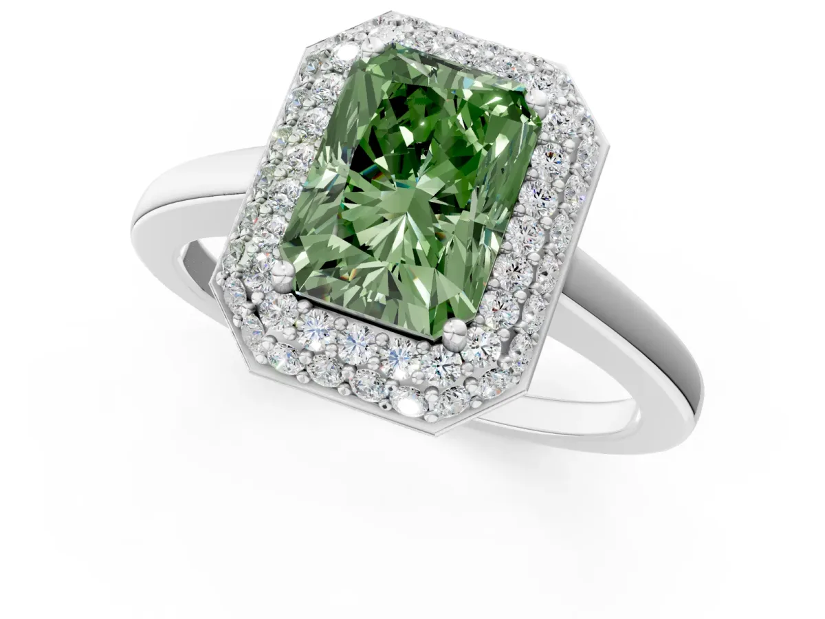 Fancy Green Radiant Cut Halo Diamond Engagement Ring with Solitaire Band and Four-Prong Setting Platinum
