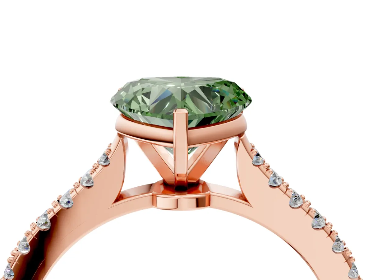 Fancy Green Heart Cut Cut Solitaire Diamond Engagement Ring with Pave Band and Four-Prong Setting Rose gold