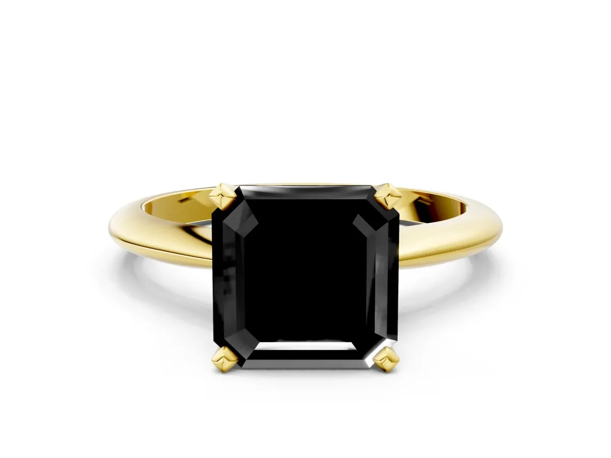 Fancy Black Asscher Cut Diamond Solitaire Engagement Ring with Classic Band and Four-Prong Setting Yellow gold