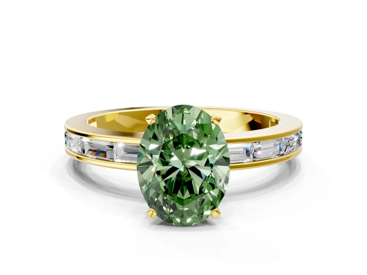 Fancy Green Oval Cut Solitaire Diamond Ring with Channel-Set Baguette Band and Four-Prong Setting Yellow gold