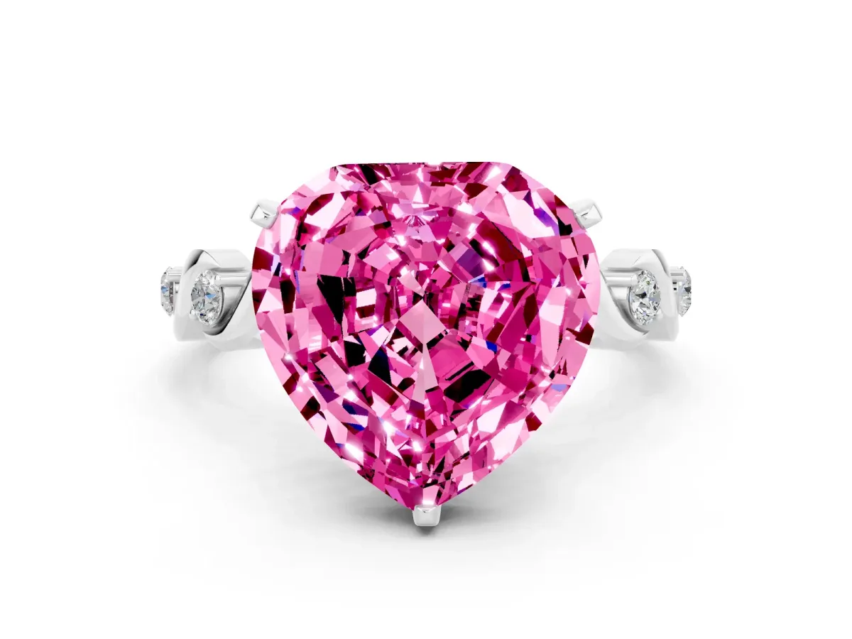 Heart Cut Pink Sapphire Solitaire Twisted Band with Round Accents and Prong Setting Platinum