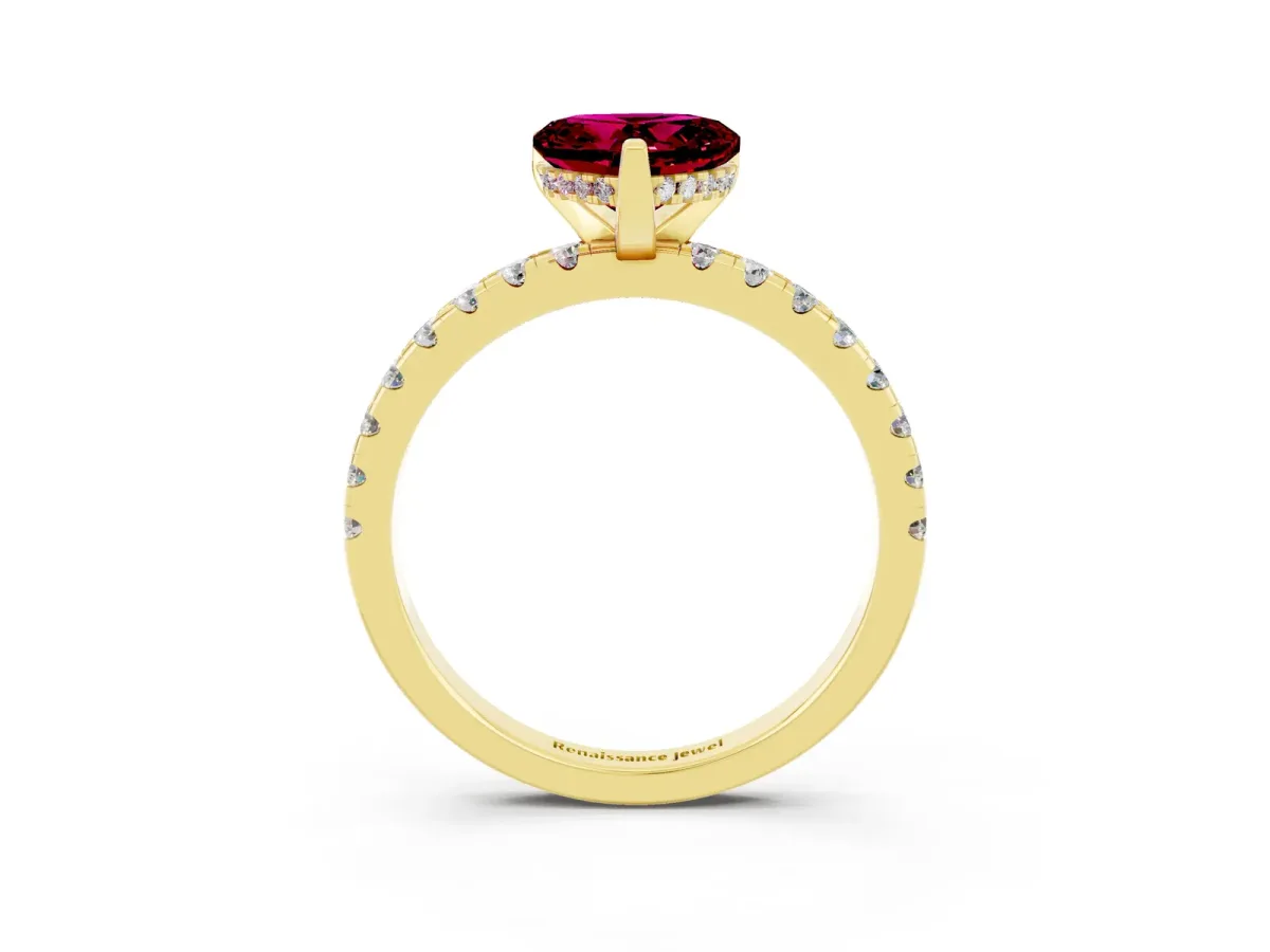 Heart Cut Garnet Solitaire Ring with Round Pavé Band and Four-Prong Setting Yellow gold