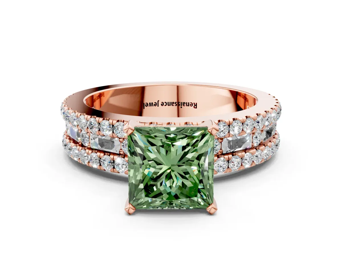 Fancy Green Princess Cut Diamond Solitaire Ring with Pavé and Channel Set Band Rose gold