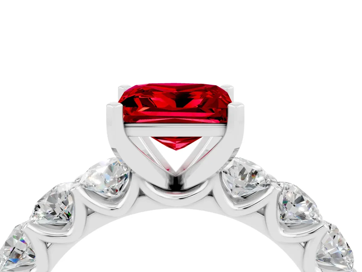 Princess Cut Ruby Prong Setting with Side Stones on a Pave Band Silver