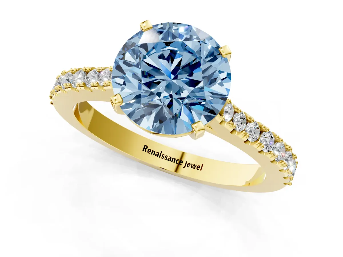 Fancy Blue Asscher Cut Cut Solitaire Diamond Engagement Ring with Pave Band and Four-Prong Setting Yellow gold