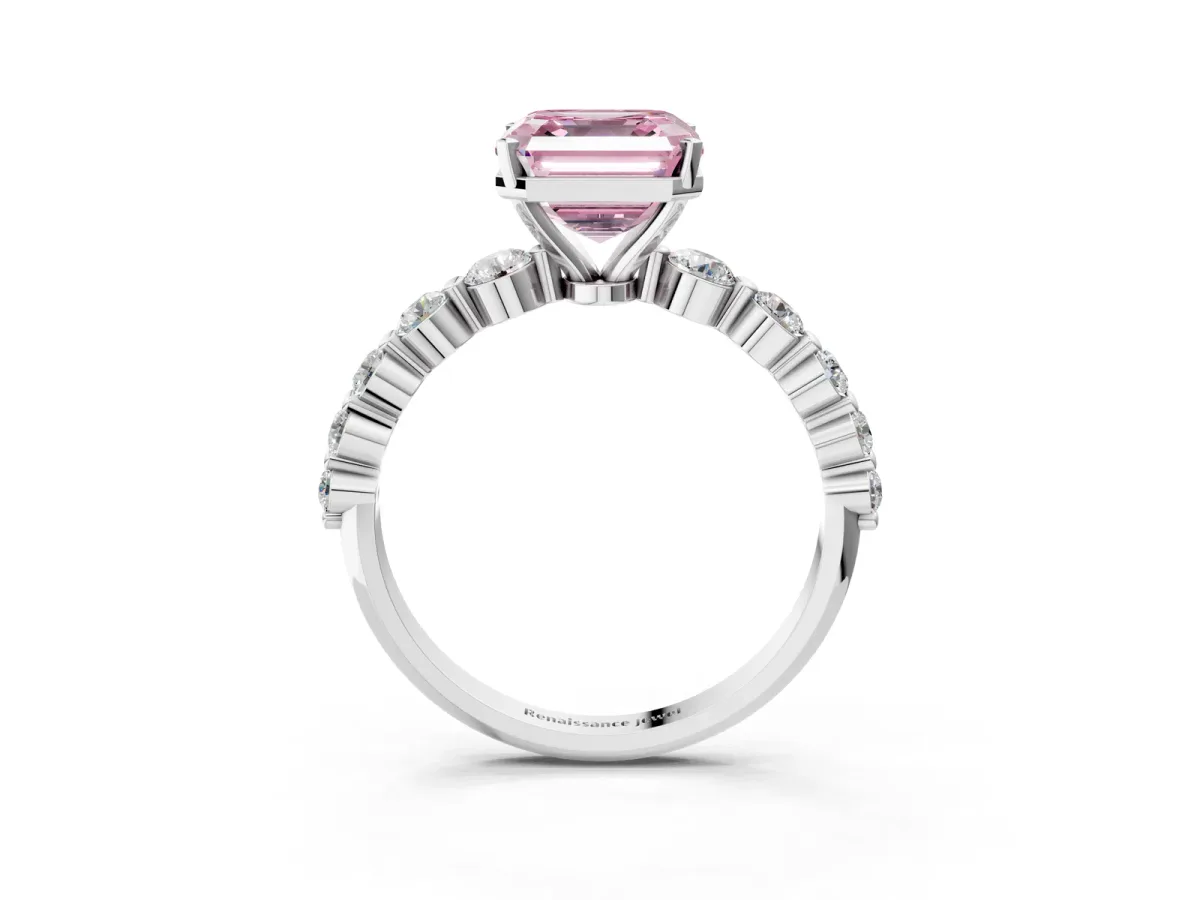 Fancy Pink Asscher Cut Solitaire Diamond Ring with Pave Band and Four-Prong Setting Platinum