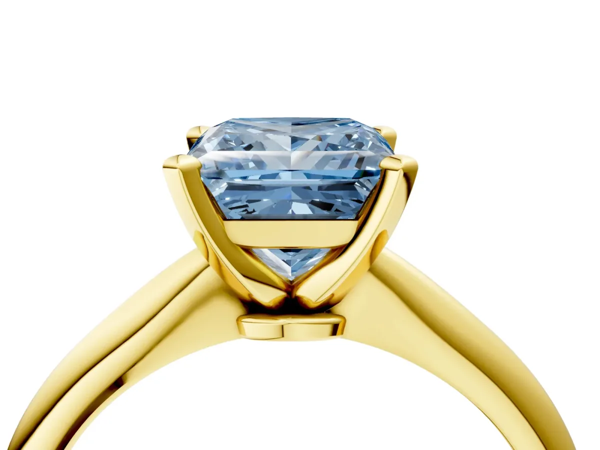 Fancy Blue Princess Cut Diamond Solitaire Engagement Ring with Classic Band and Four-Prong Setting Yellow gold