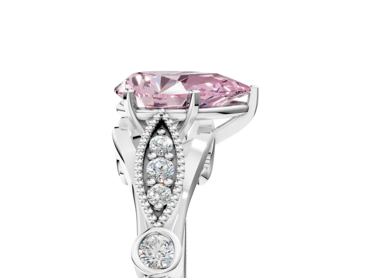 Fancy Pink Pear Cut Cut Diamond with Milgrain Marquise and Bezel Accents on a Solitaire Band with Prong Setting Silver