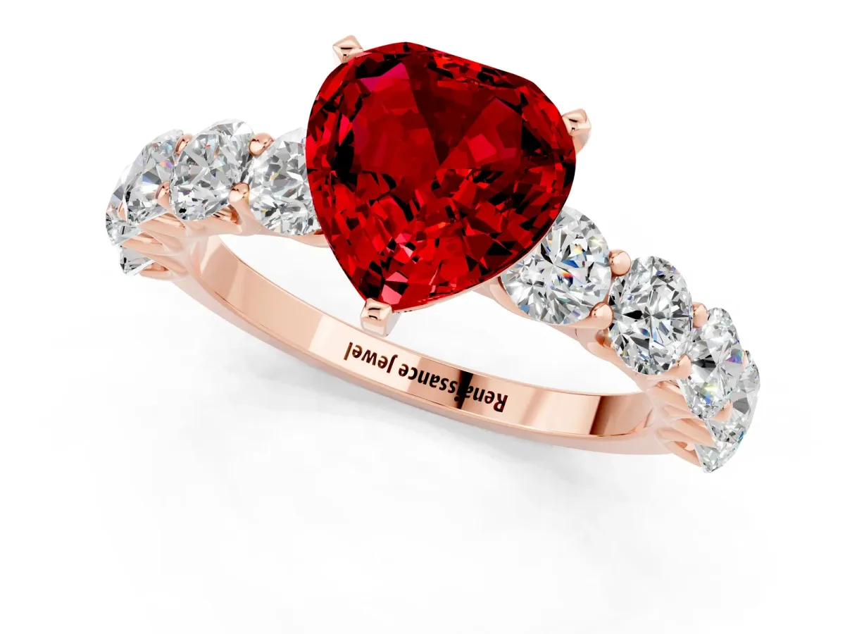 Heart Cut Ruby Prong Setting with Side Stones on a Pave Band Rose gold