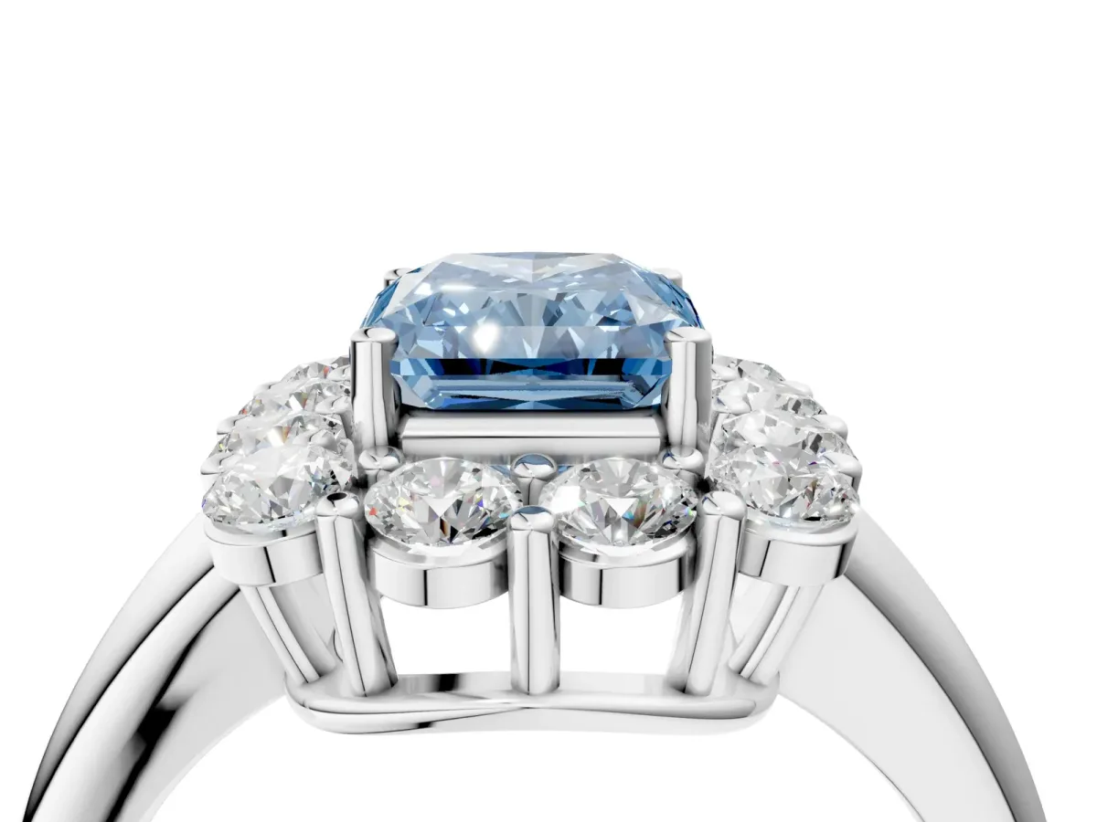Fancy Blue Radiant Cut Halo Cluster Diamond Engagement Ring with Prong Setting and Polished Band Platinum