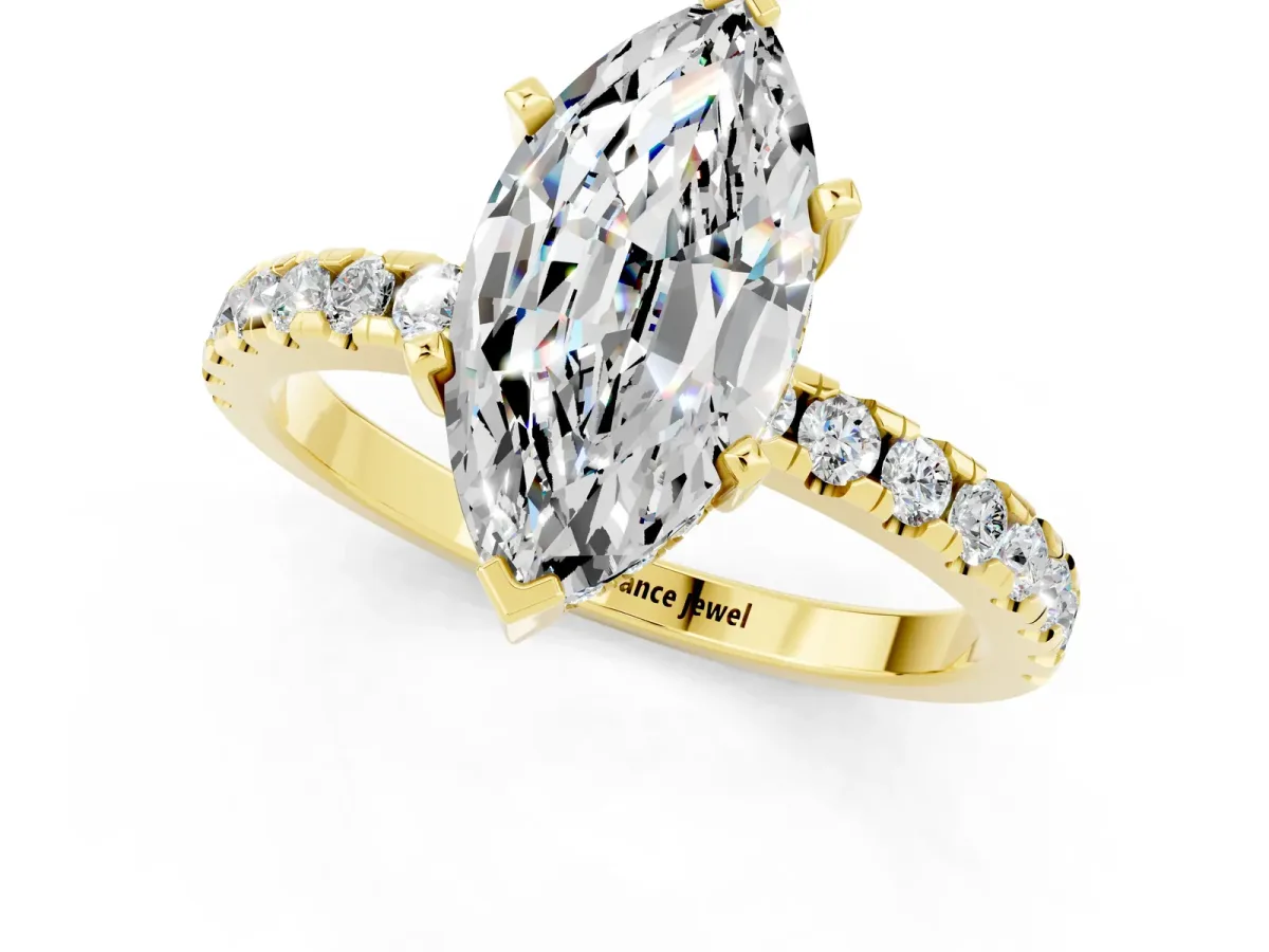 Marquise Cut Moissanite Solitaire Ring with Round Pavé Band and Four-Prong Setting Yellow gold