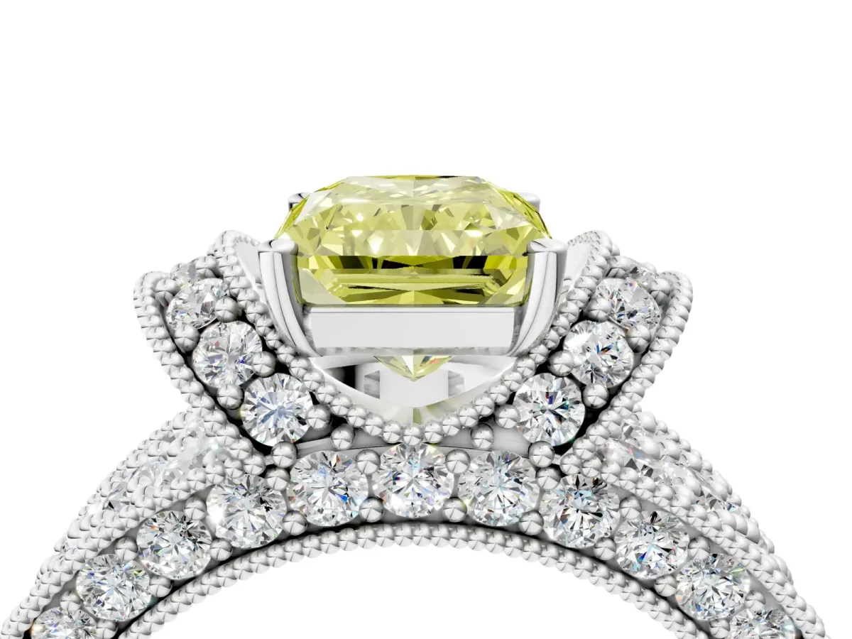 Fancy Yellow Radiant Cut Halo Pave Diamond Engagement Ring with Milgrain Detailing Platinum