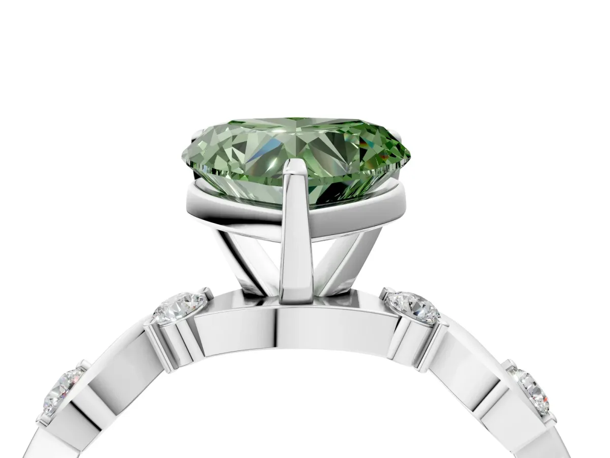 Fancy Green Heart Cut Diamond Solitaire Twisted Band with Round Accents and Prong Setting Platinum
