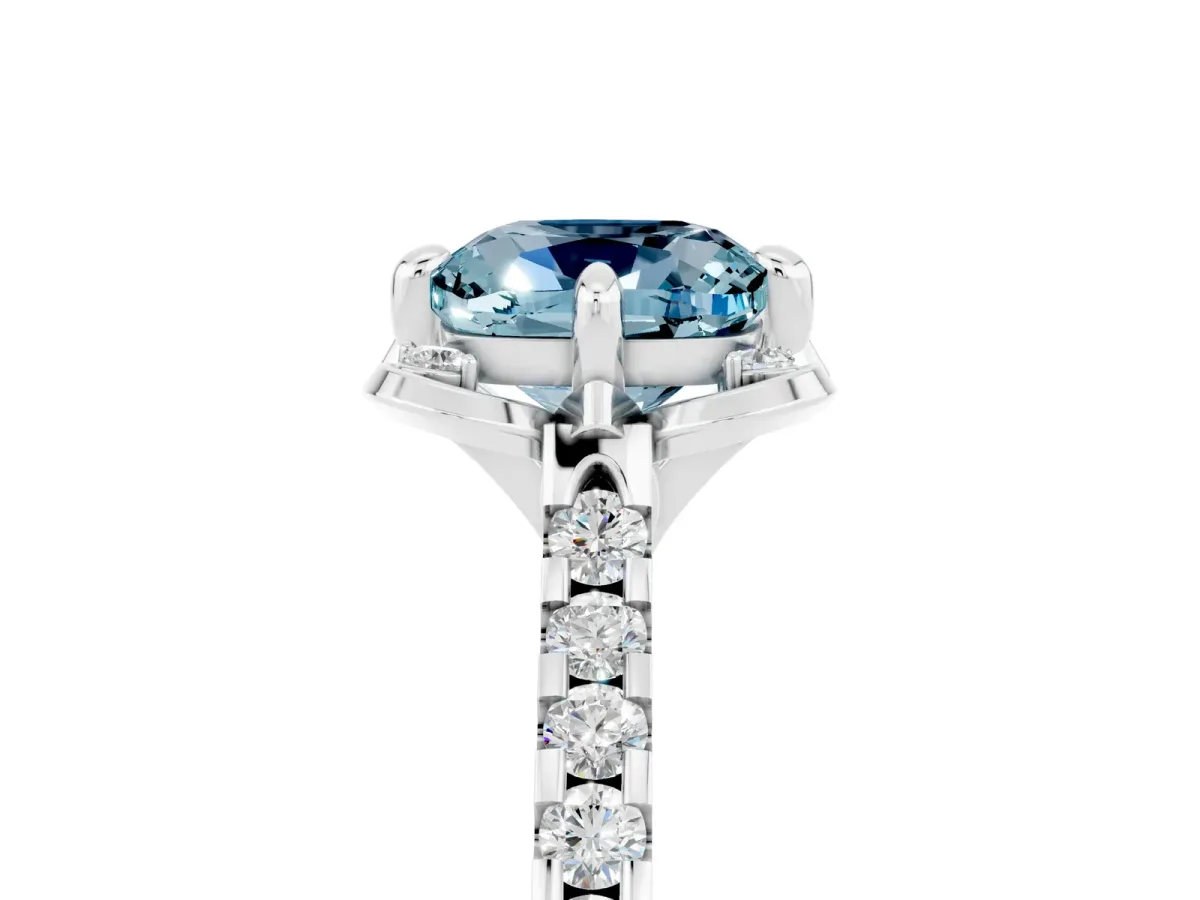 Cushion Cut Aquamarine Ring with Pavé Band and Floral Prong Setting White gold