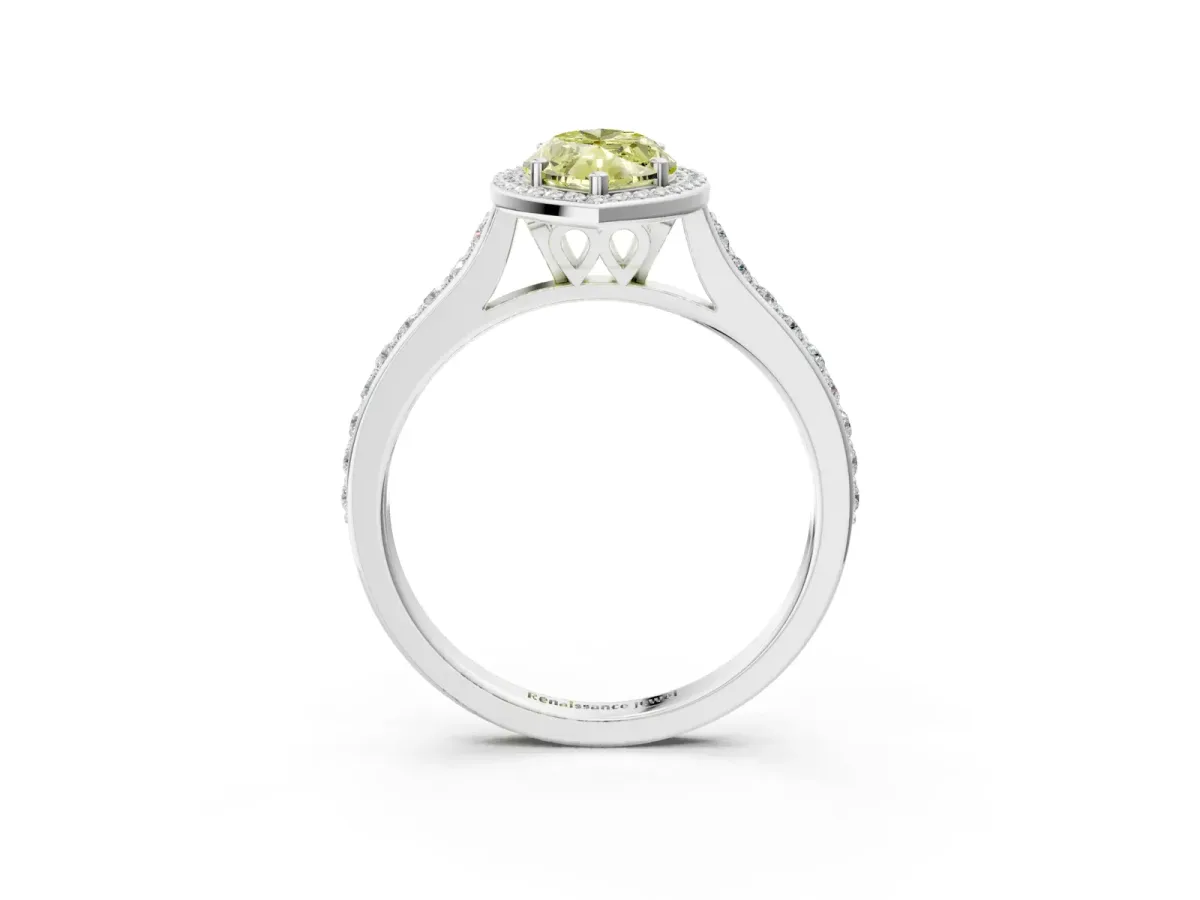 Fancy Yellow Marquise Cut Diamond Halo Engagement Ring with Round Pavé Shoulders and Prong Setting Platinum