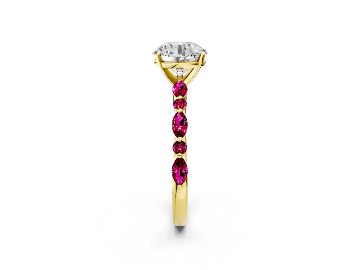 Round Cut Diamond Ring with Marquise and Round Garnet Side Stones and Four-Prong Setting Yellow gold