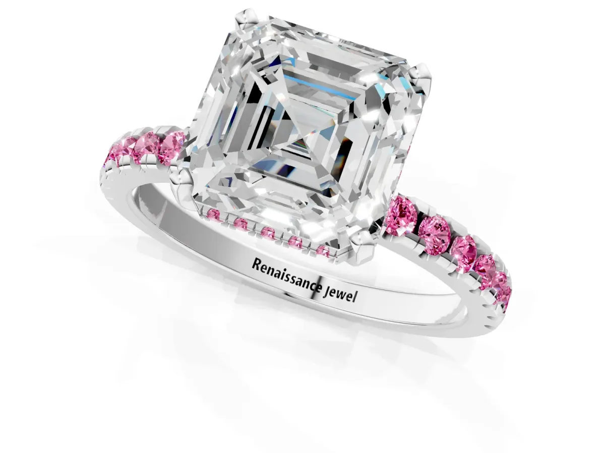 Asscher Cut Diamond Solitaire Ring with Round Pink Sapphire Pavé Band and Four-Prong Setting White gold
