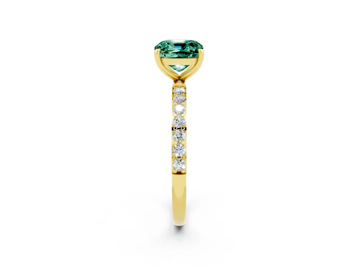 Cushion Cut Green Sapphire Solitaire Ring with Round Pavé Band and Prong Setting Yellow gold