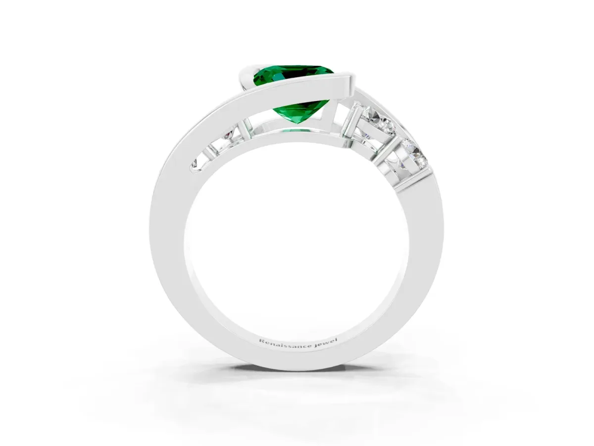 Bezel Set Cushion Cut Emerald Bypass Ring with Round Accents Silver