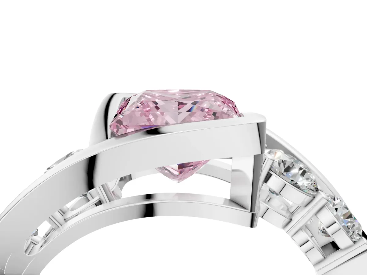 Fancy Pink Bezel Set Princess Cut Diamond Bypass Ring with Round Accents Silver