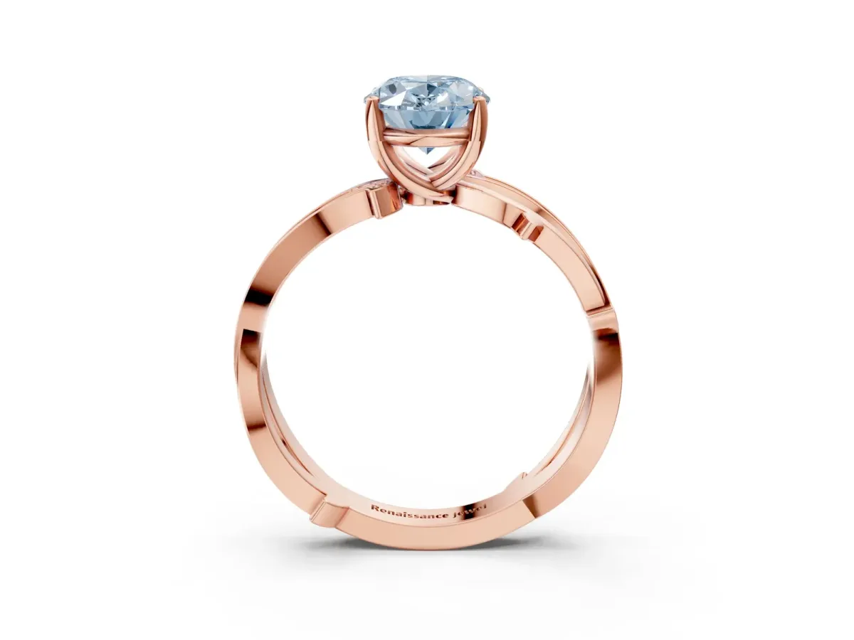 Fancy Blue Oval Cut Solitaire Twist Band with Pavé Accents and Four-Prong Setting Rose gold