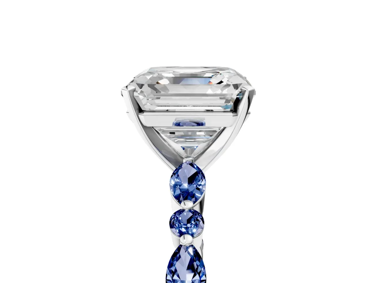 Asscher Cut Diamond Ring with Marquise and Round Blue Sapphire Side Stones and Four-Prong Setting White gold