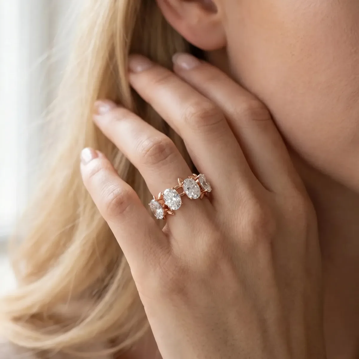 Four-Stone Elongated Cushion Diamond Band with Nature-Inspired Prong Setting Rose gold