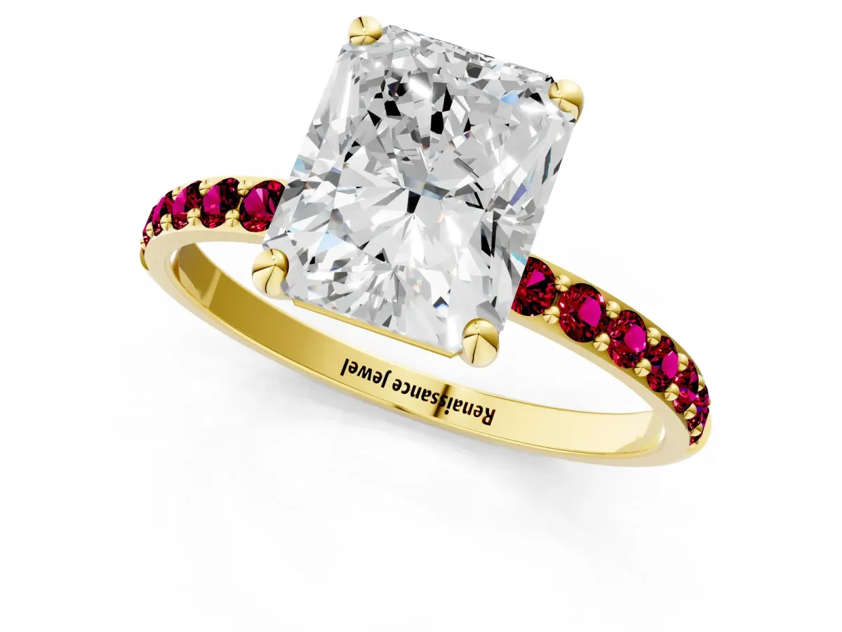 Radiant Cut Diamond Solitaire Ring with Round Garnet Pavé Band and Prong Setting Yellow gold