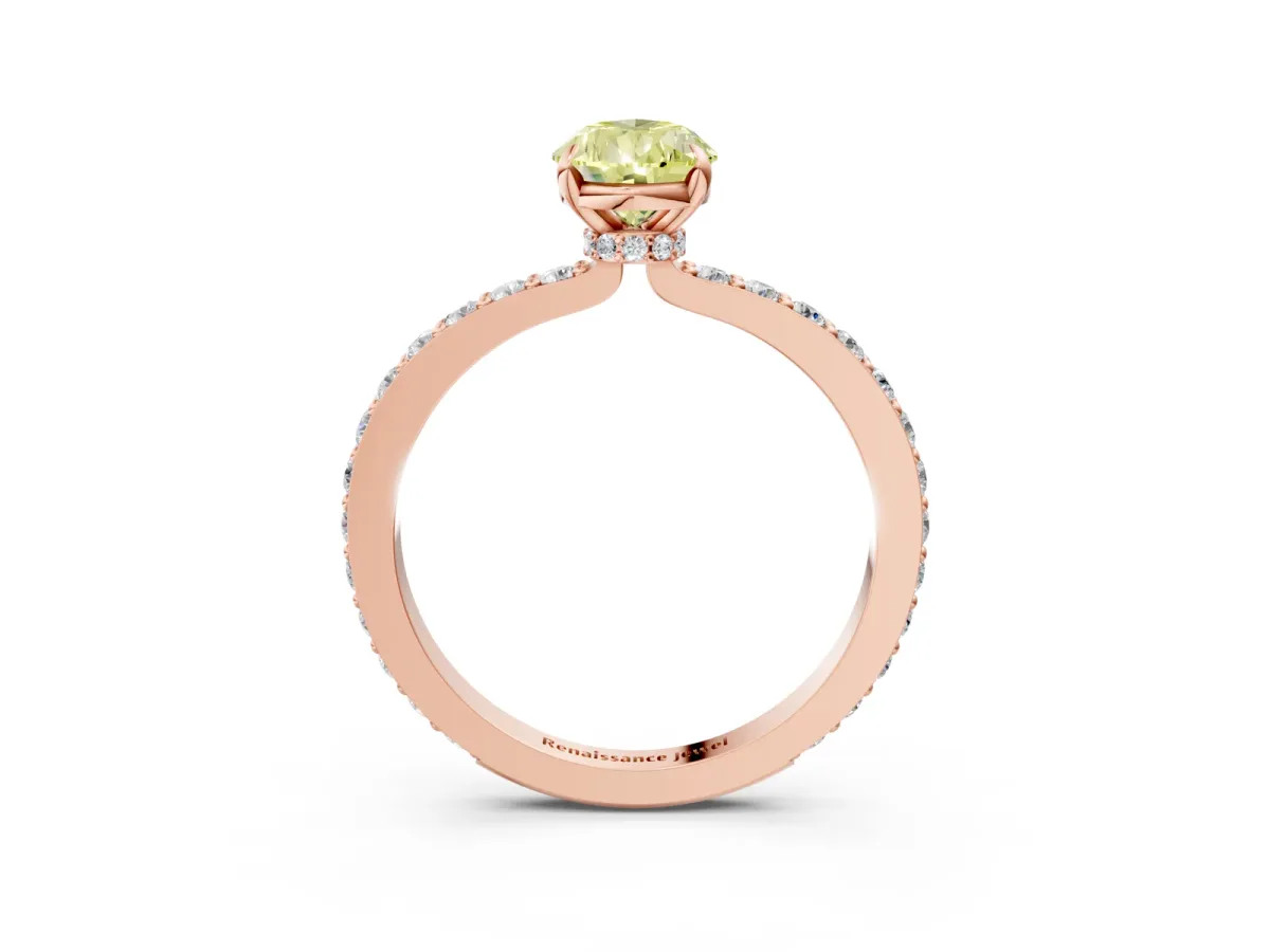 Fancy Yellow Pear Cut Diamond Solitaire Engagement Ring with Pavé Band and Four-Prong Setting Rose gold