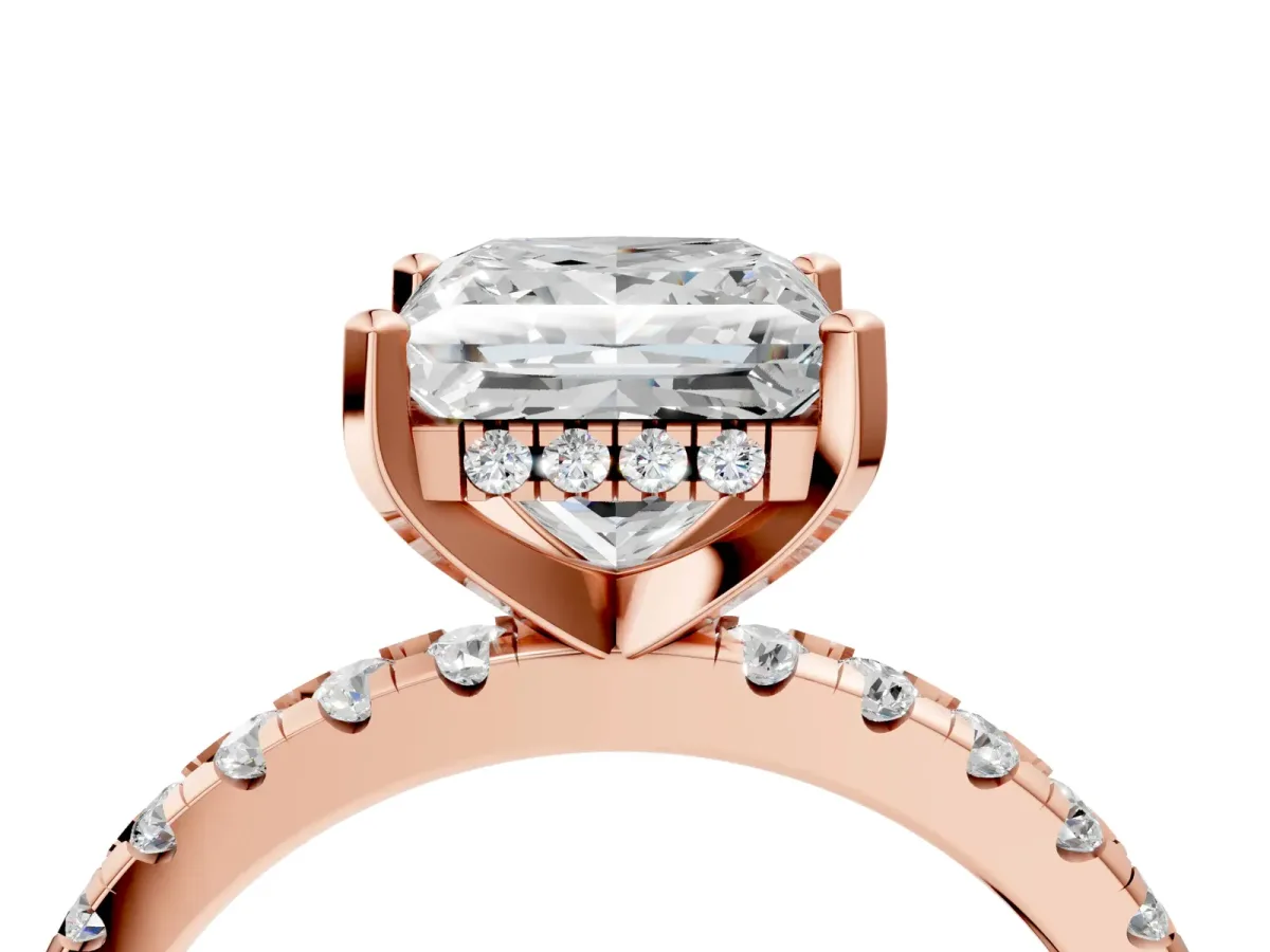Princess Cut Diamond Solitaire Ring with Round Moissanite Pavé Band and Four-Prong Setting Rose gold