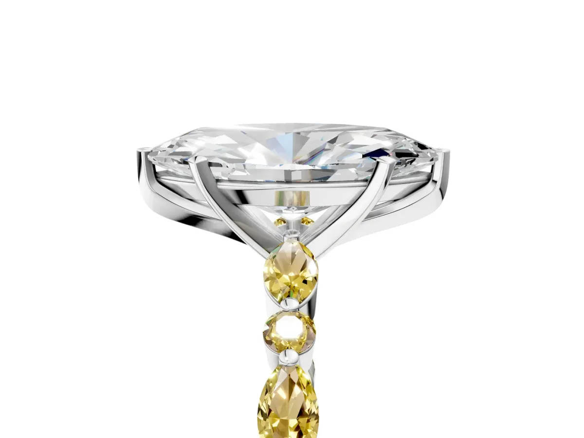 Marquise Cut Diamond Ring with Marquise and Round Yellow Sapphire Side Stones and Four-Prong Setting Platinum