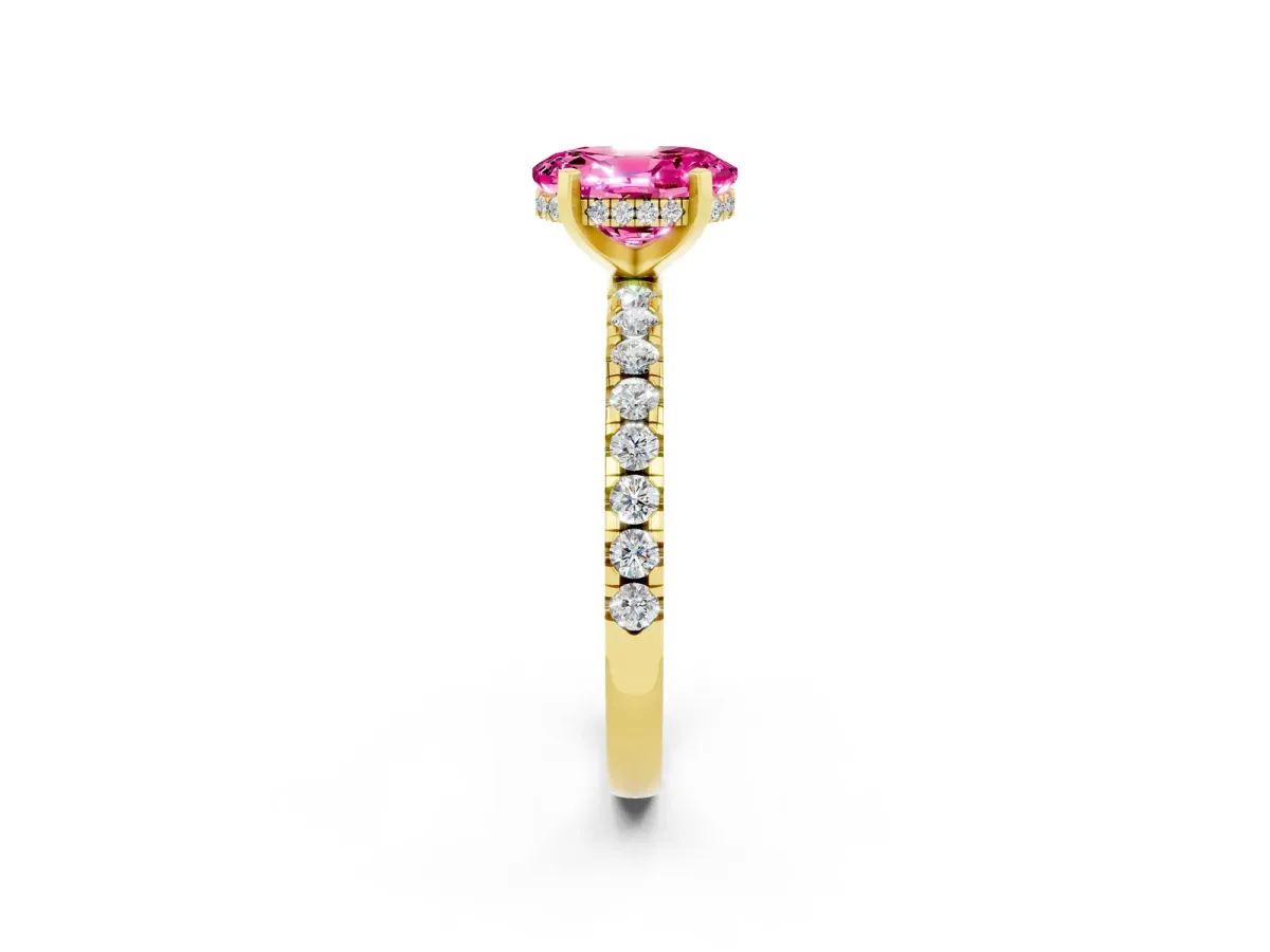 Oval Cut Pink Sapphire Solitaire Ring with Round Pavé Band and Four-Prong Setting Yellow gold