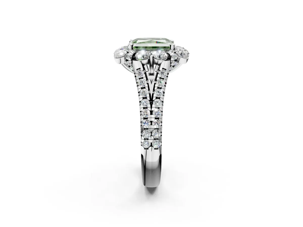 Fancy Green Radiant Cut Halo Split Shank Diamond Engagement Ring with Pave Band and Four-Prong Setting Platinum