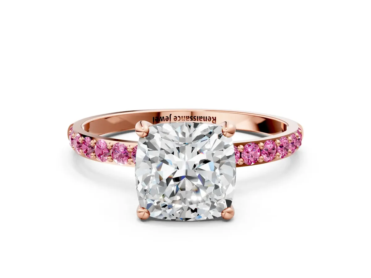 Cushion Cut Diamond Solitaire Ring with Round Pink Sapphire Pavé Band and Prong Setting Rose gold