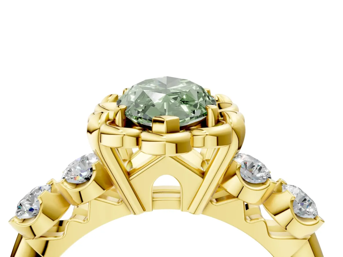 Fancy Green Marquise Cut Cut Diamond Floral Halo Engagement Ring with Shared Prong Setting Yellow gold