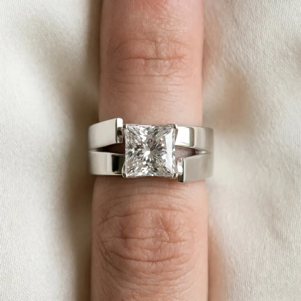 Modern Tension Set Princess Cut Diamond Solitaire Wide Band Ring Platinum