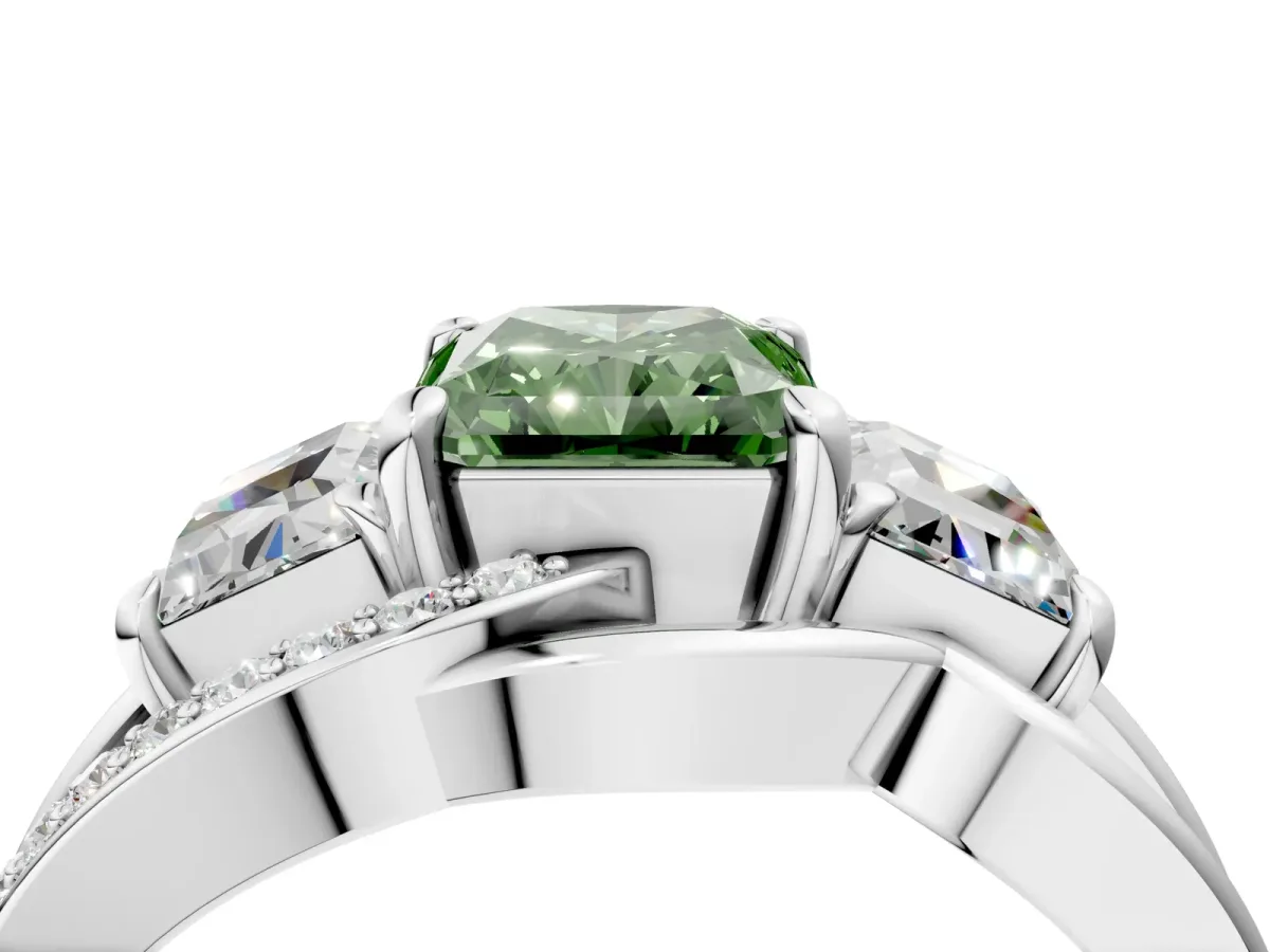 Fancy Green Three-Stone Radiant Cut Cut Diamond Split Shank Prong Set Ring Platinum