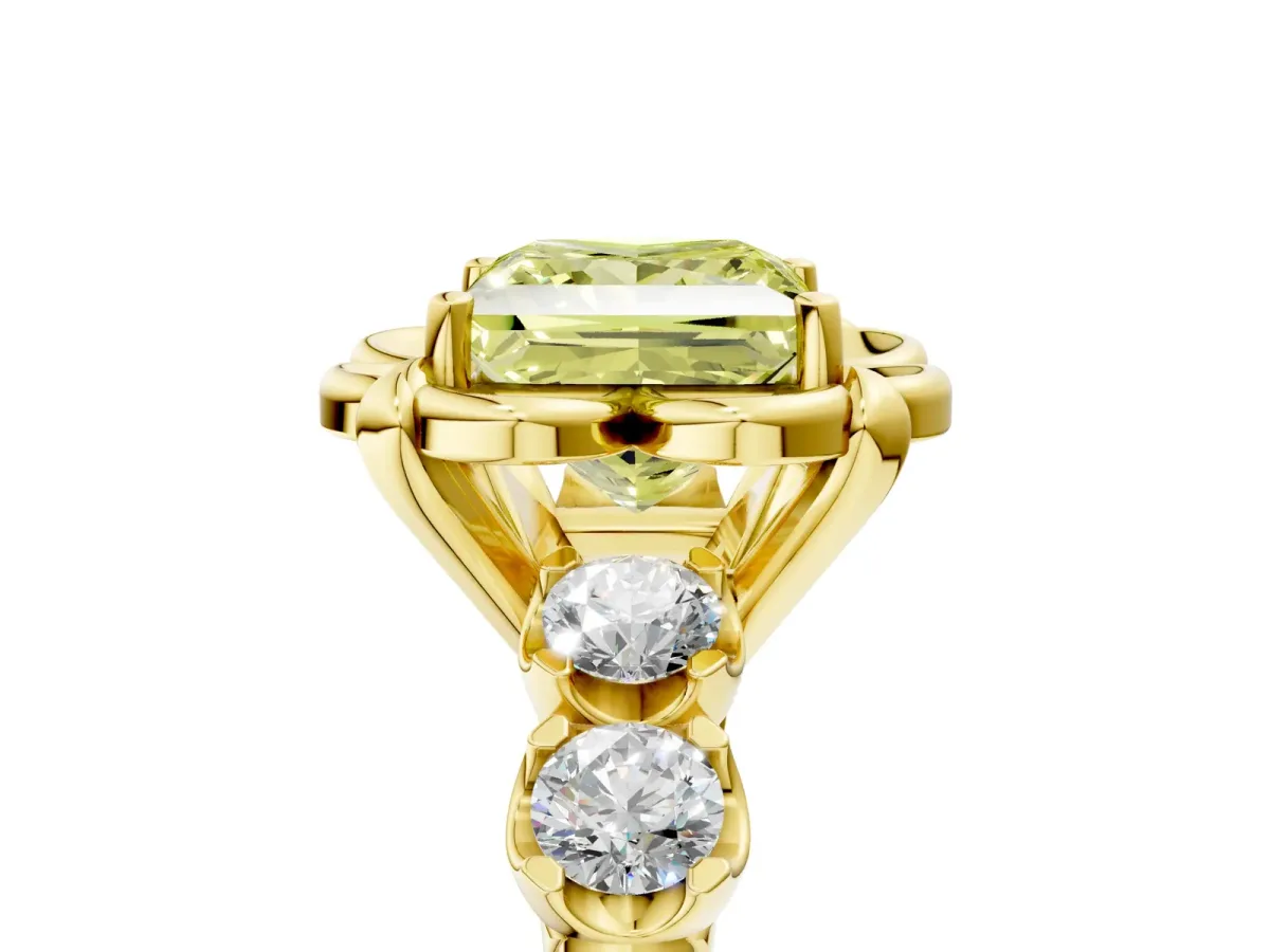 Fancy Yellow Princess Cut Cut Diamond Floral Halo Engagement Ring with Shared Prong Setting Yellow gold