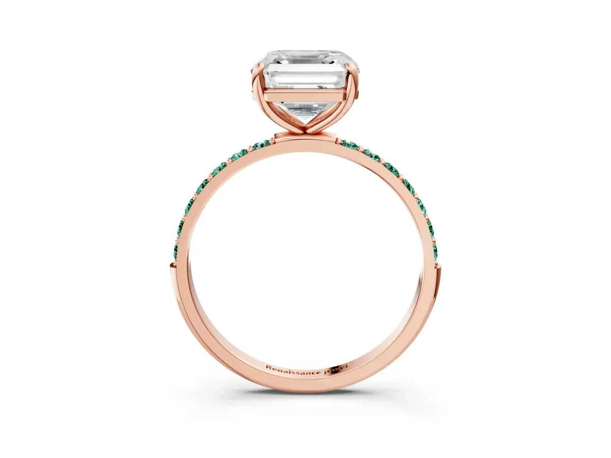 Asscher Cut Diamond Solitaire Ring with Round Green Sapphire Pavé Band and Prong Setting Rose gold