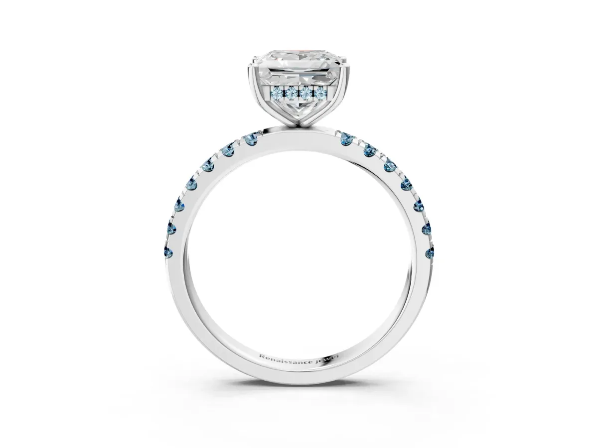 Princess Cut Diamond Pave Band Solitaire Ring with Round Aquamarine and Prong Setting White gold