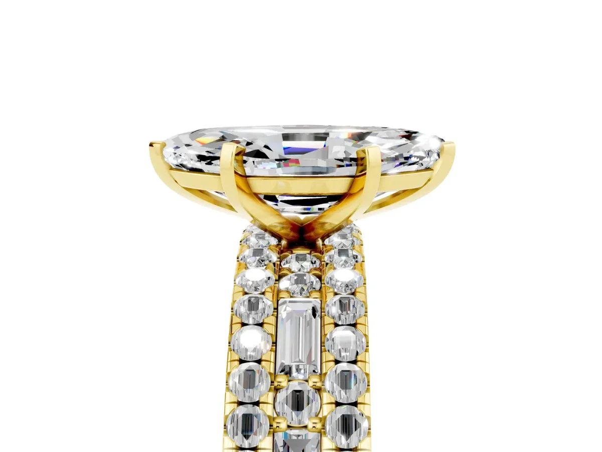 Marquise Cut Moissanite Solitaire Ring with Pavé and Channel Set Band Yellow gold