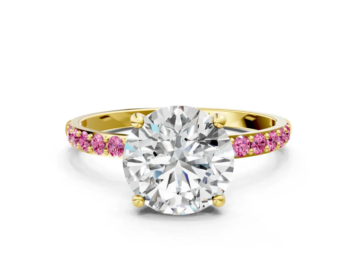 Round Cut Diamond Solitaire Ring with Round Pink Sapphire Pavé Band and Prong Setting Yellow gold