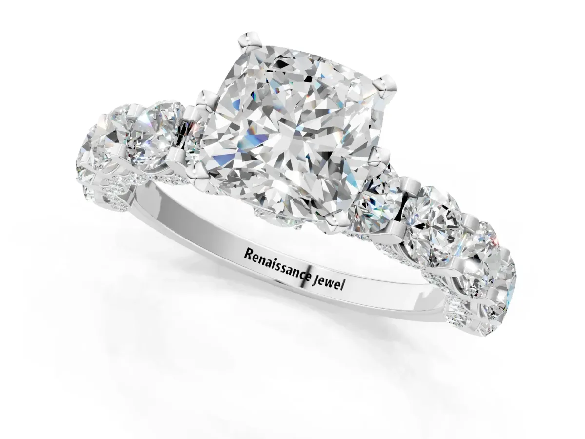 Cushion Cut Diamond Side Stone Engagement Ring with Four-Prong Setting White gold