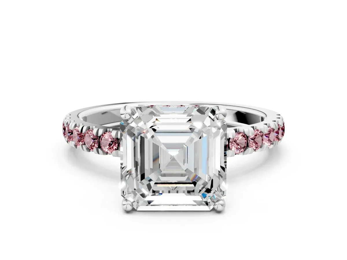 Asscher Cut Diamond Pave Band Solitaire Ring with Round Morganite and Prong Setting Silver