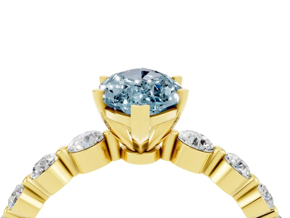 Marquise Cut Solitaire Aquamarine Ring with Pave Band and Four-Prong Setting Yellow gold