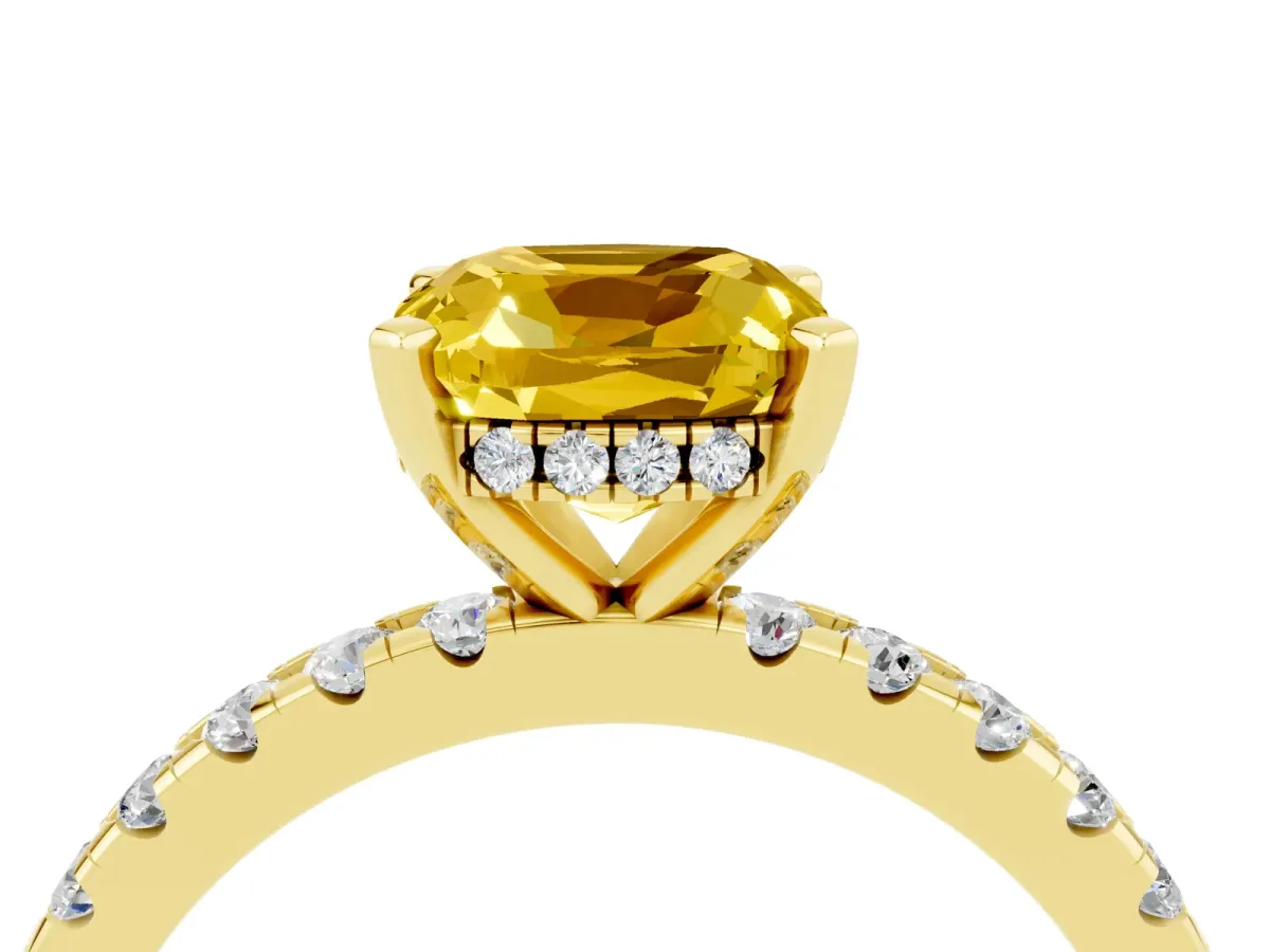 Cushion Cut Yellow Sapphire Solitaire Ring with Round Pavé Band and Four-Prong Setting Yellow gold